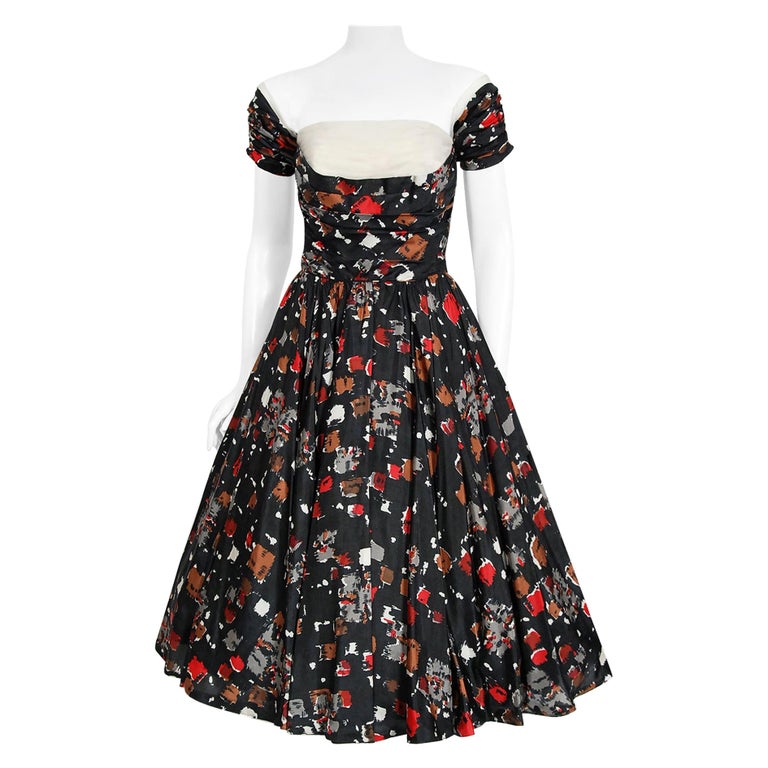 Vintage 1950's Fred Perlberg Atomic Print Silk Shelf-Bust Circle Skirt Dress  For Sale