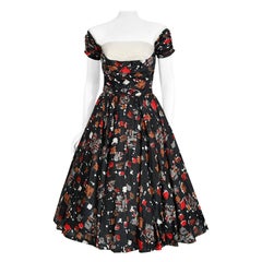 Vintage 1950's Fred Perlberg Atomic Print Silk Shelf-Bust Circle Skirt Dress 