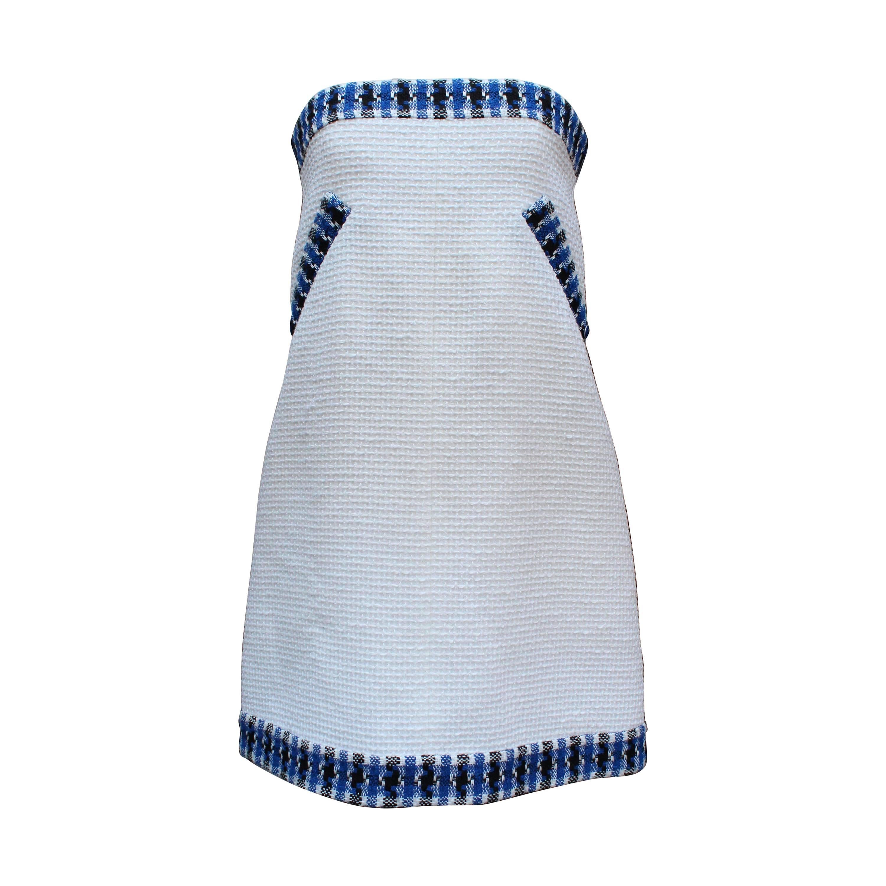 2013 Chanel Strapless Dress in White Blue and Black Cotton