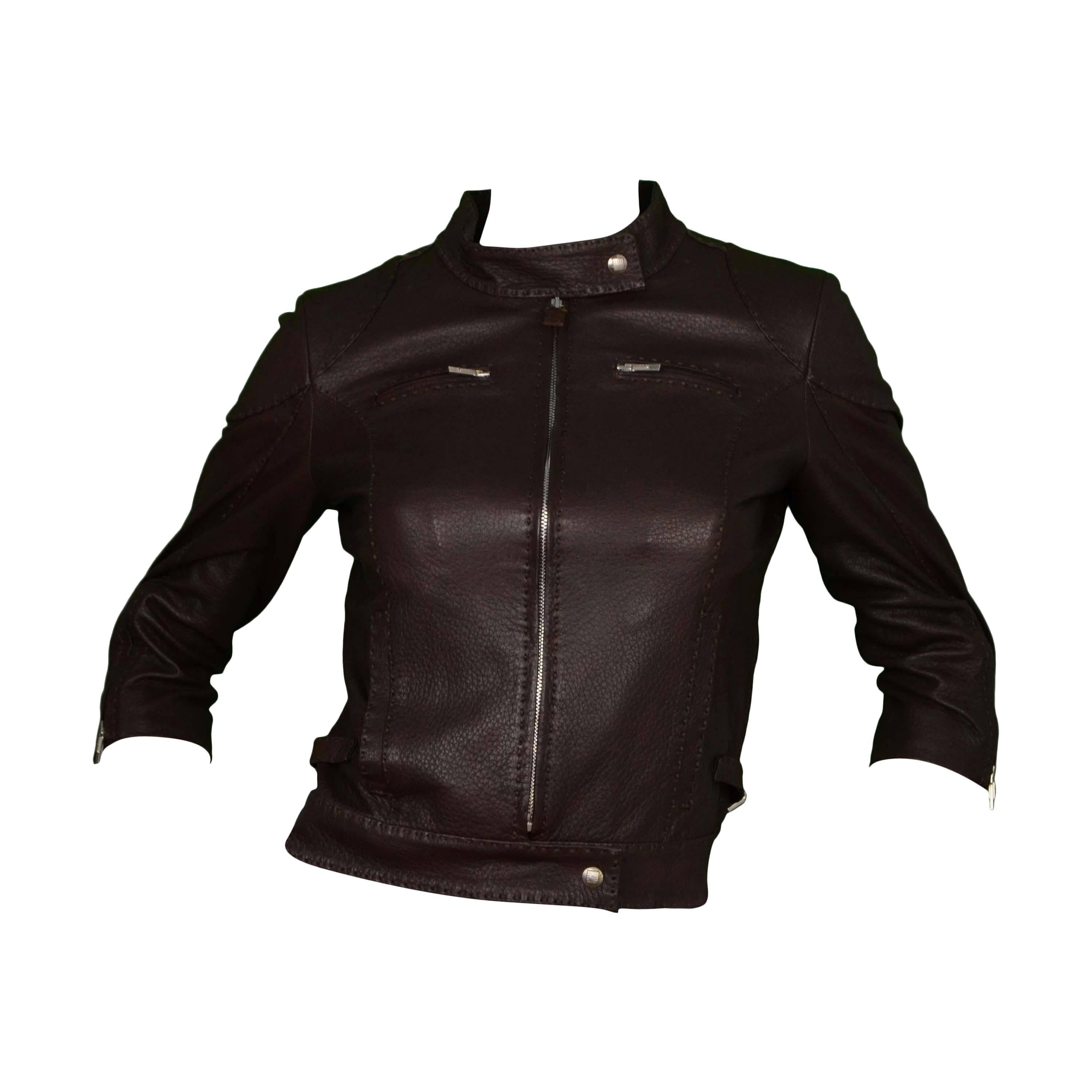 Fendi Brown Leather Cropped Jacket sz 38