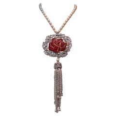 2011 Serge Eric Woloch Pendant Necklace with a Red Glass Rose and White Crystals