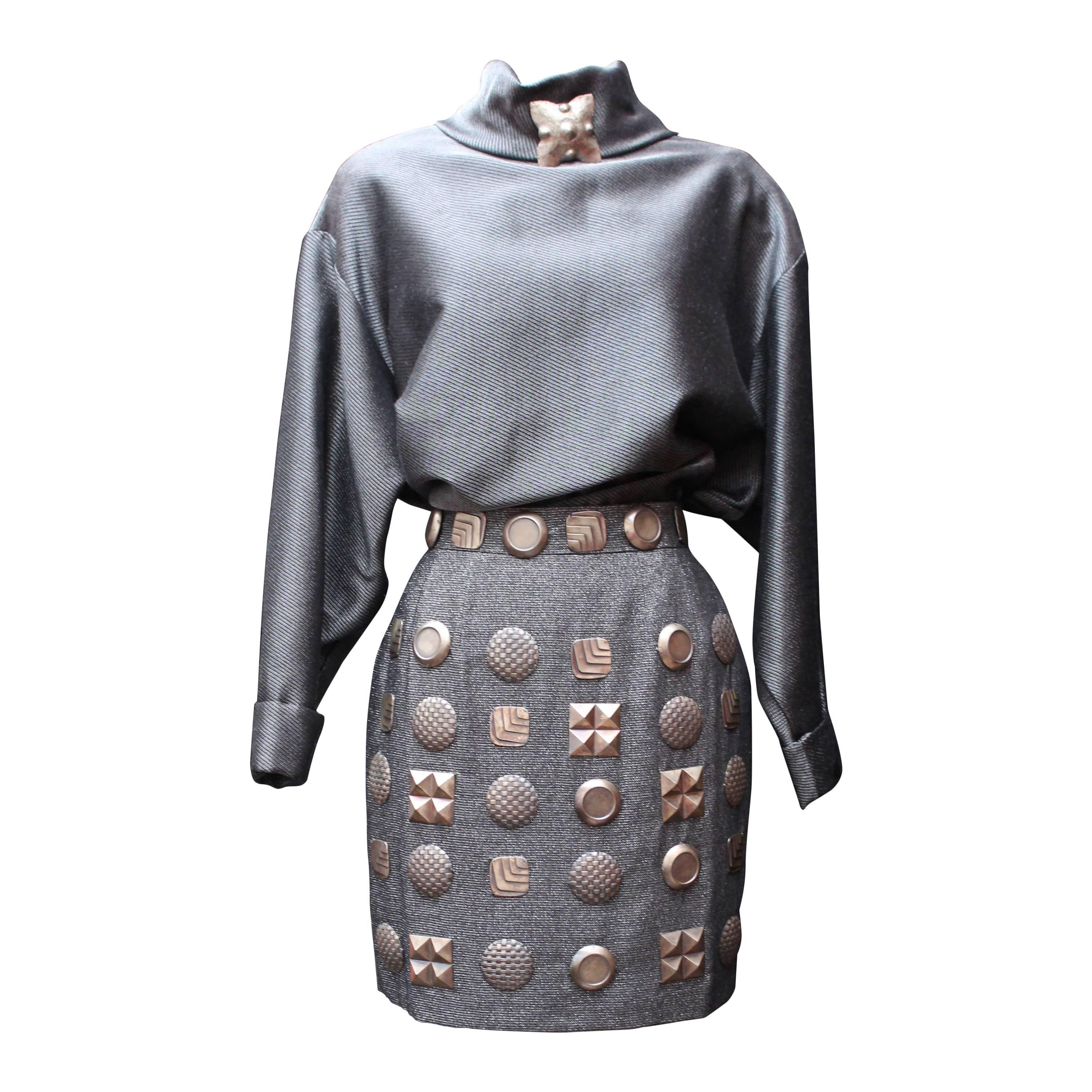 1990s Lanvin Ensemble with a Silver Top and Skirt For Sale