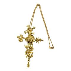 90s Christian Lacroix Comedie Francaise Gilt Metal Carved Cross Pendant Necklace