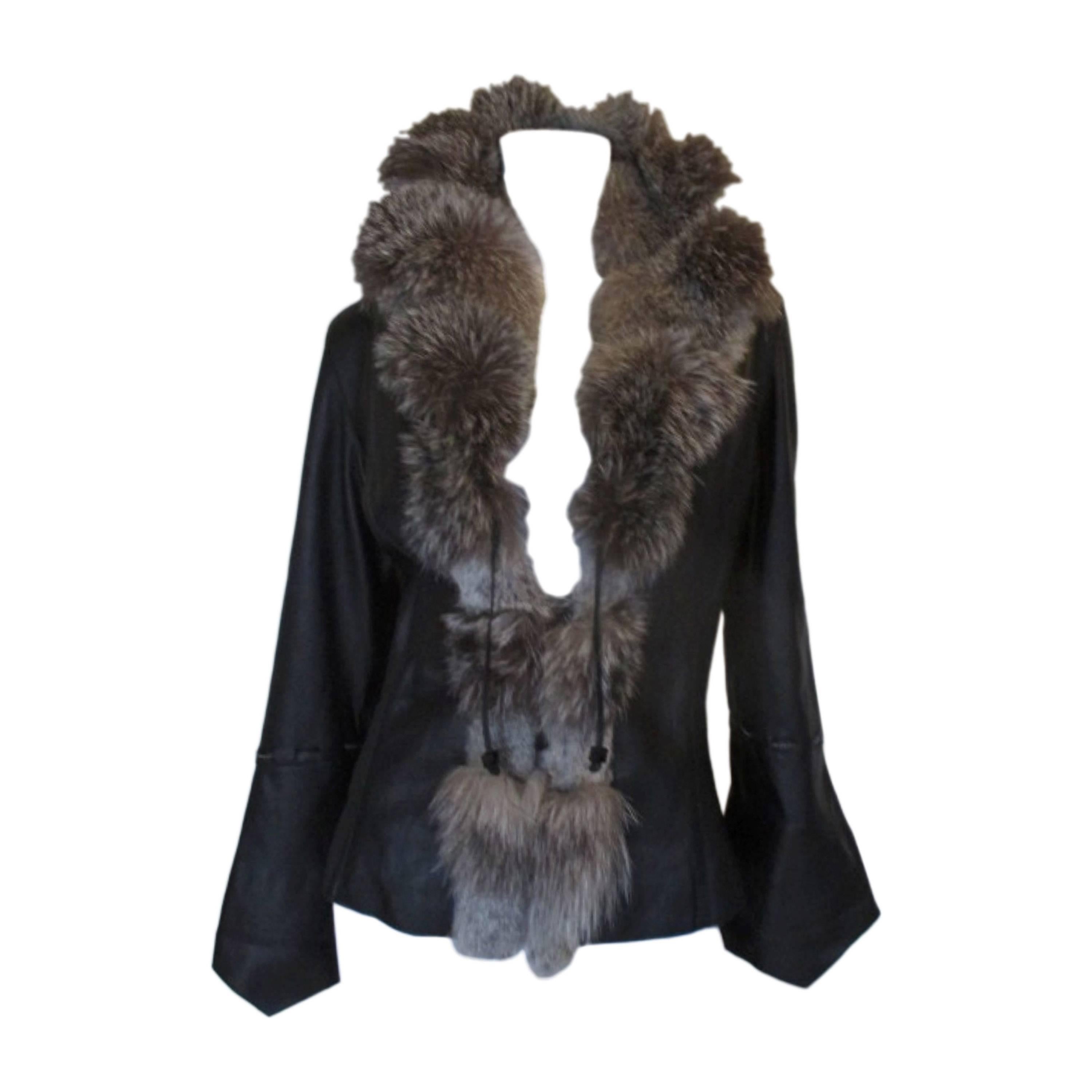 Black Leather Jacket with Silver Fox Fur collar For Sale