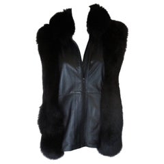 Vintage Chocquenet Paris Black Leather Vest with Fox Fur, Size EU 40