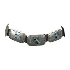 Sterling Silver Zuni Turquoise Inlaid Paneled Blue Jay Concho Belt 