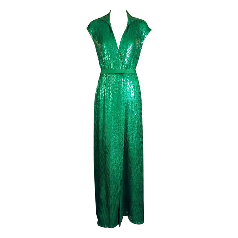 1970s Green Sequin Wrap Halston Gown For Sale at 1stDibs