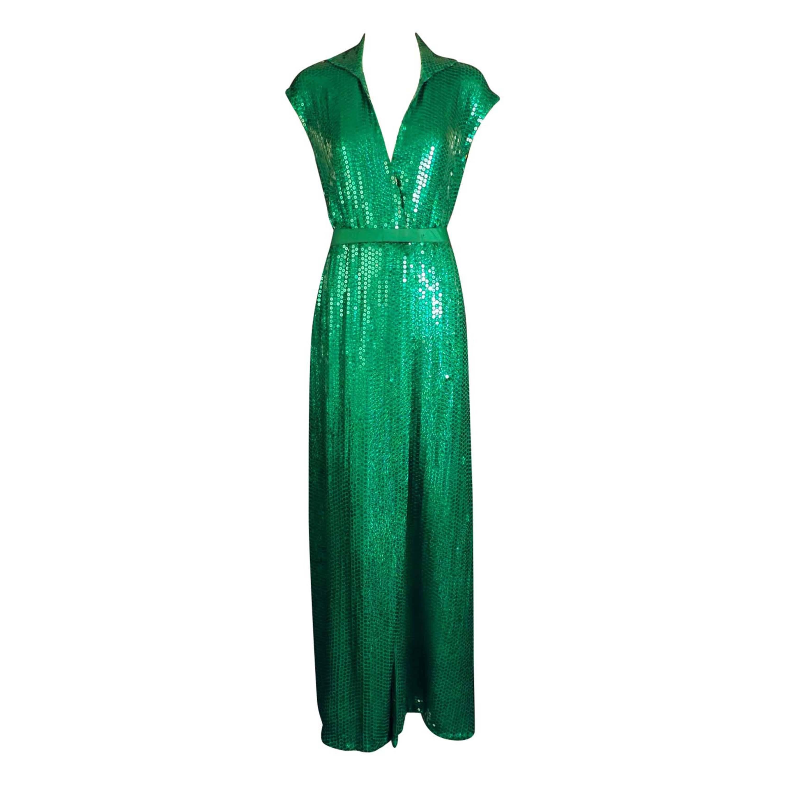 1970s Green Sequin Wrap Halston Gown For Sale