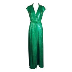 Vintage 1970s Green Sequin Wrap Halston Gown