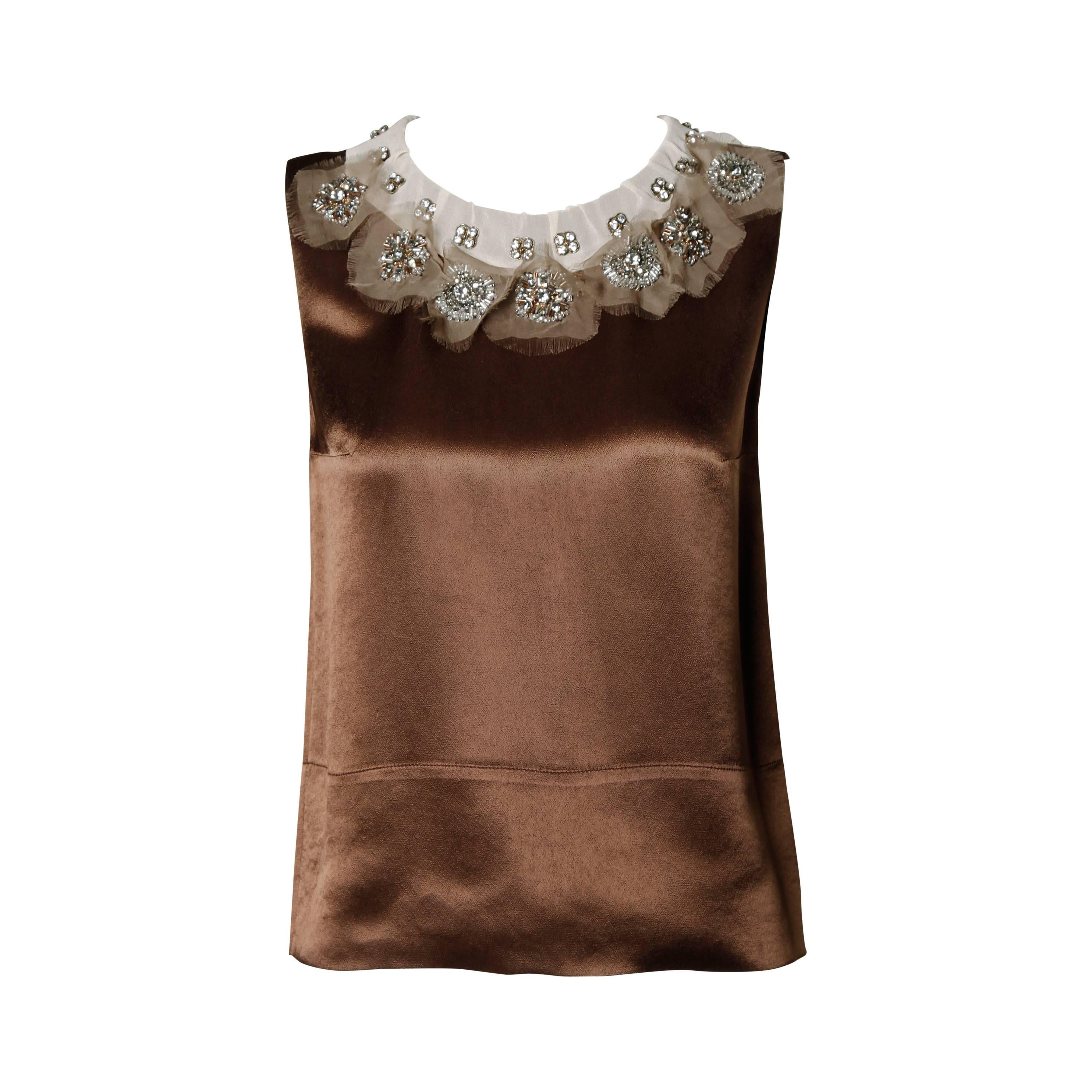 Gorgeous Chloe Brown Silk Top with Swarovski Crystal Rhinestone + Beaded Collar