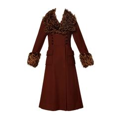 1970s Vintage Brown Wool Princess Coat with Mongolian Lamb Fur Collar and Cuffs