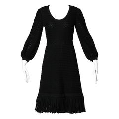 Cardinali Black Wool and Silk Couture Crochet Dress with Fringe Trim, 1960s