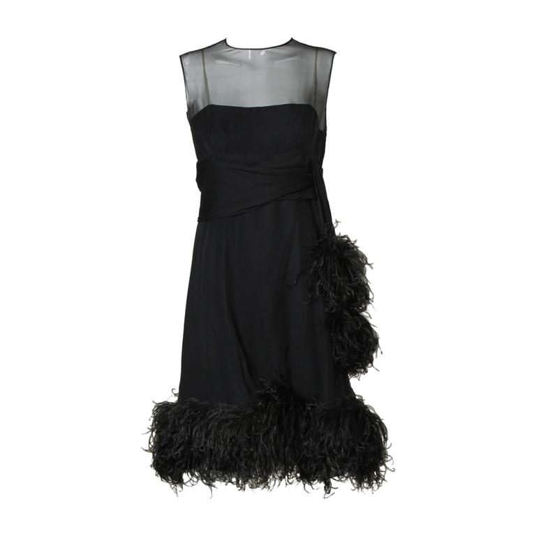 feather trim black dress