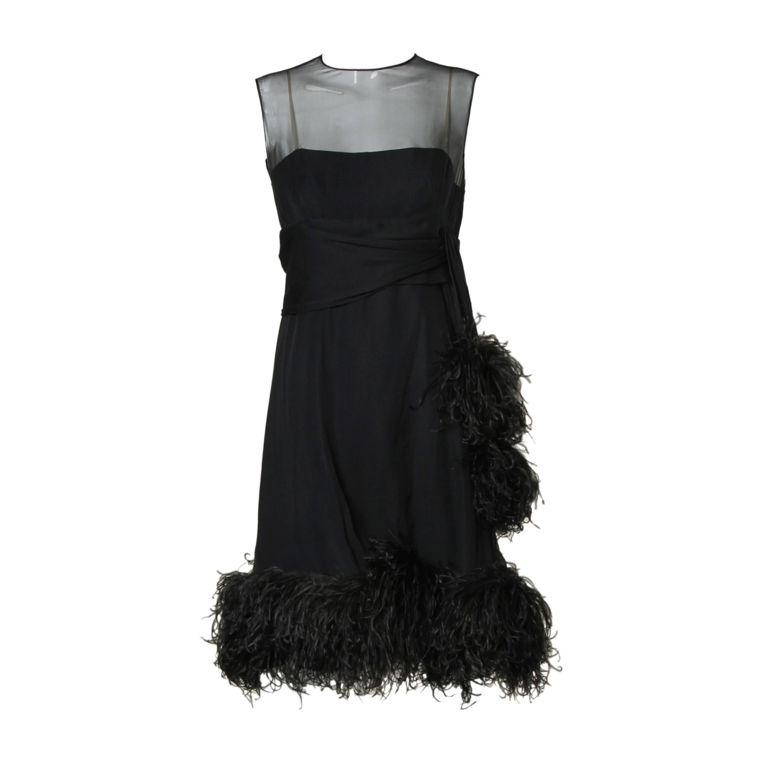 Pat Sandler Vintage 1960s Black Silk Chiffon Dress with Ostrich Feather Trim