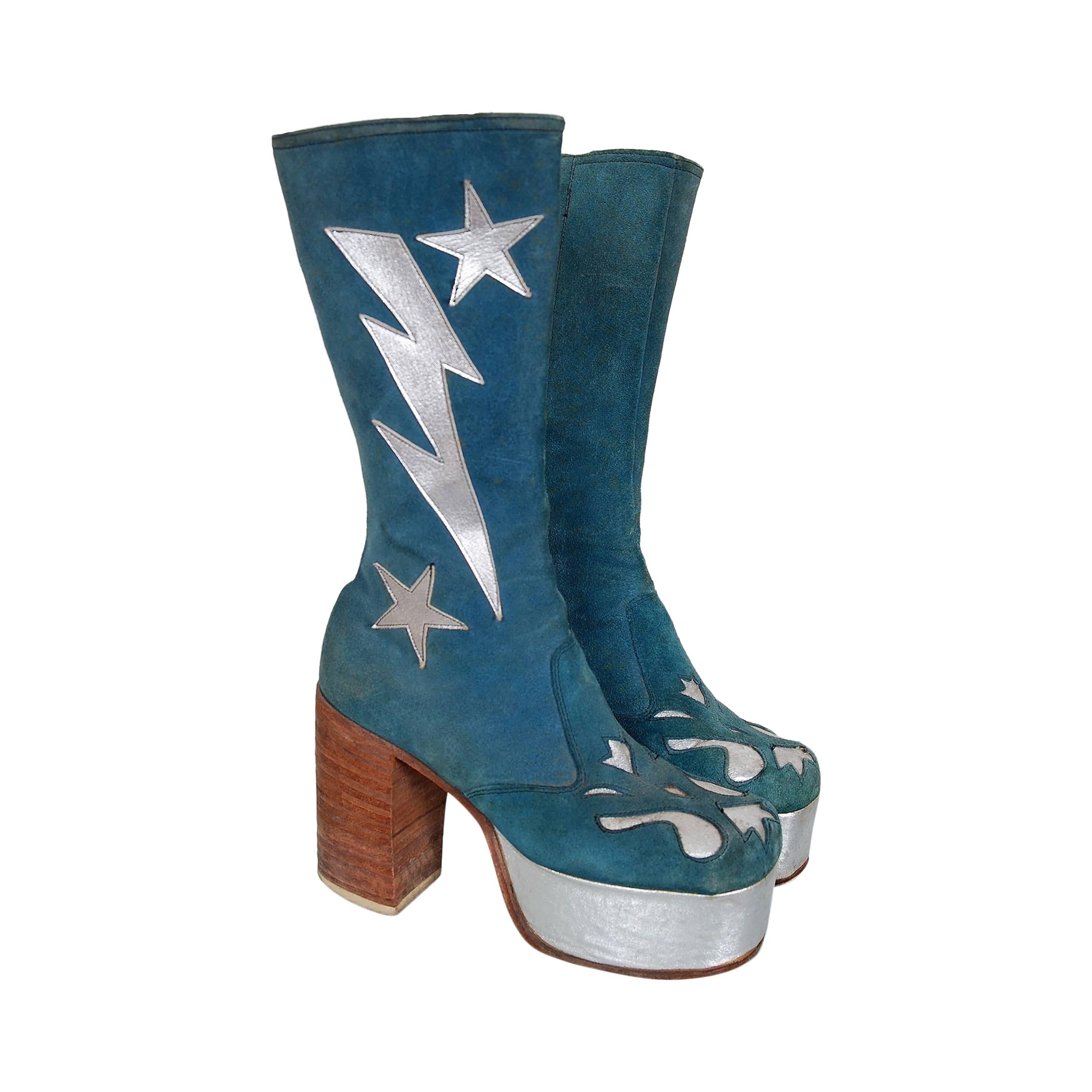 1970's Turquoise-Blue Suede & Silver Leather Novelty Glam-Rock Platform Boots