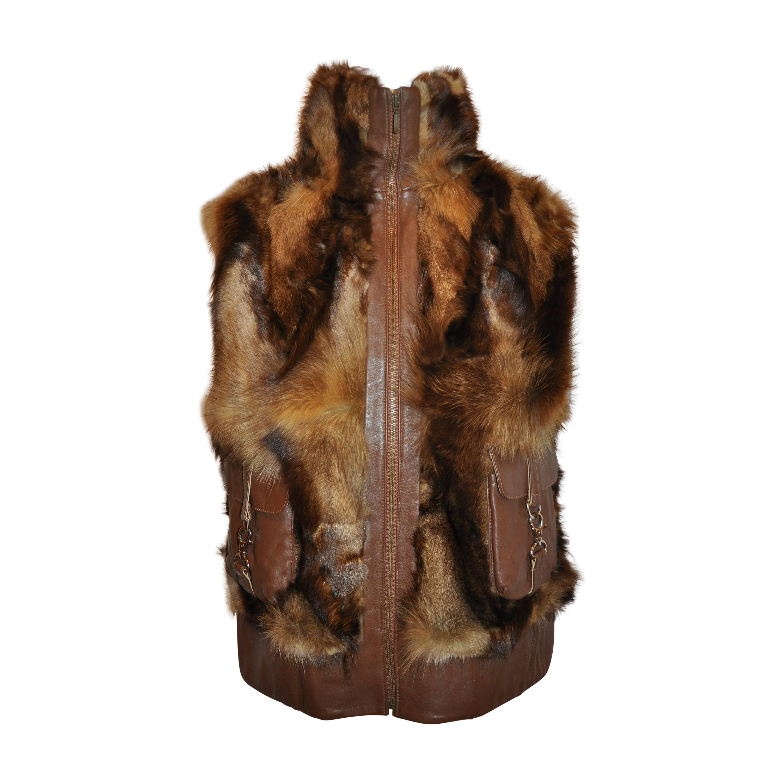 High-Collar Zippered Fur Vest Accented with Brown Leather For Sale