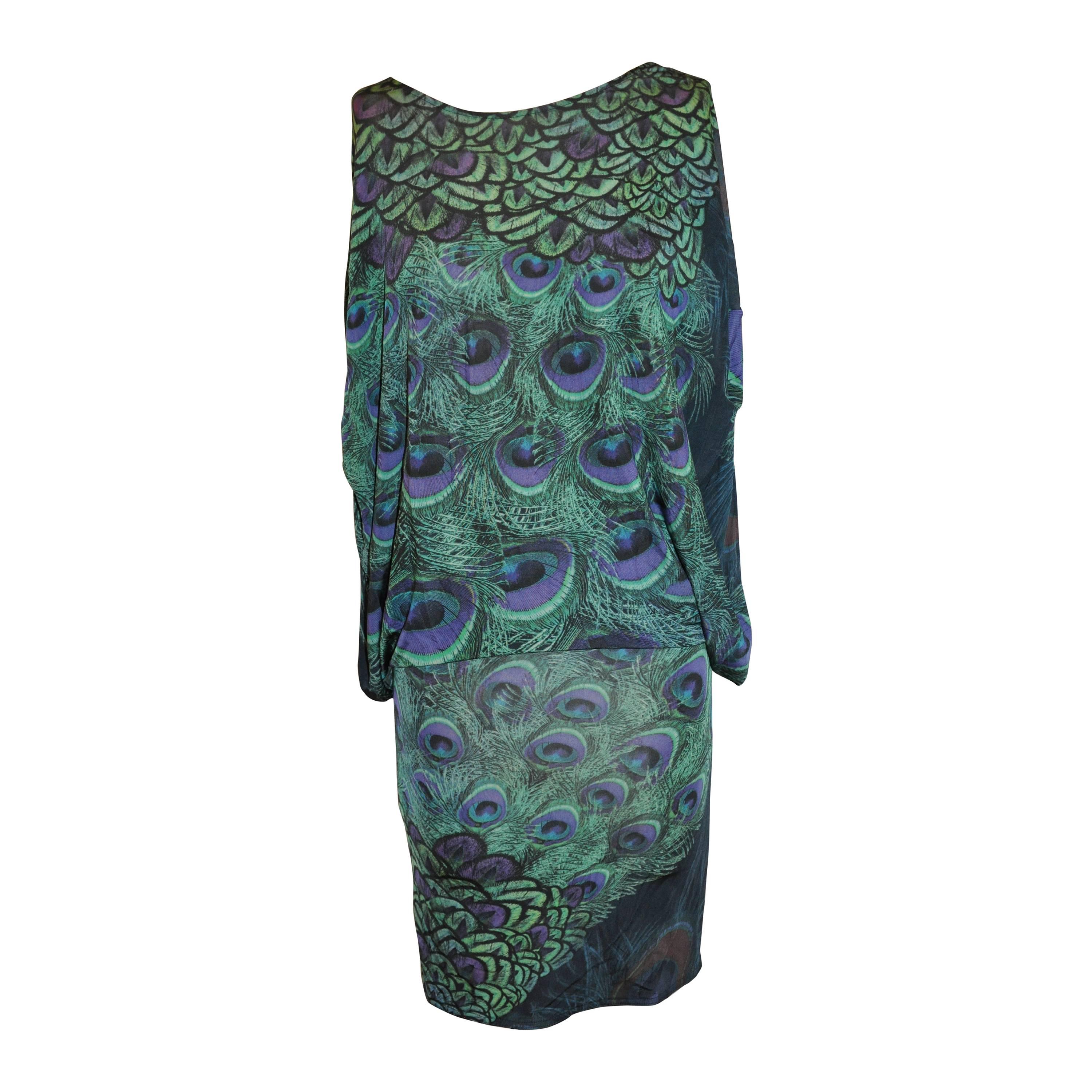 La Perla "Peacock Feathers" Two-Way Pullover Silk Jersey Tapered Dress