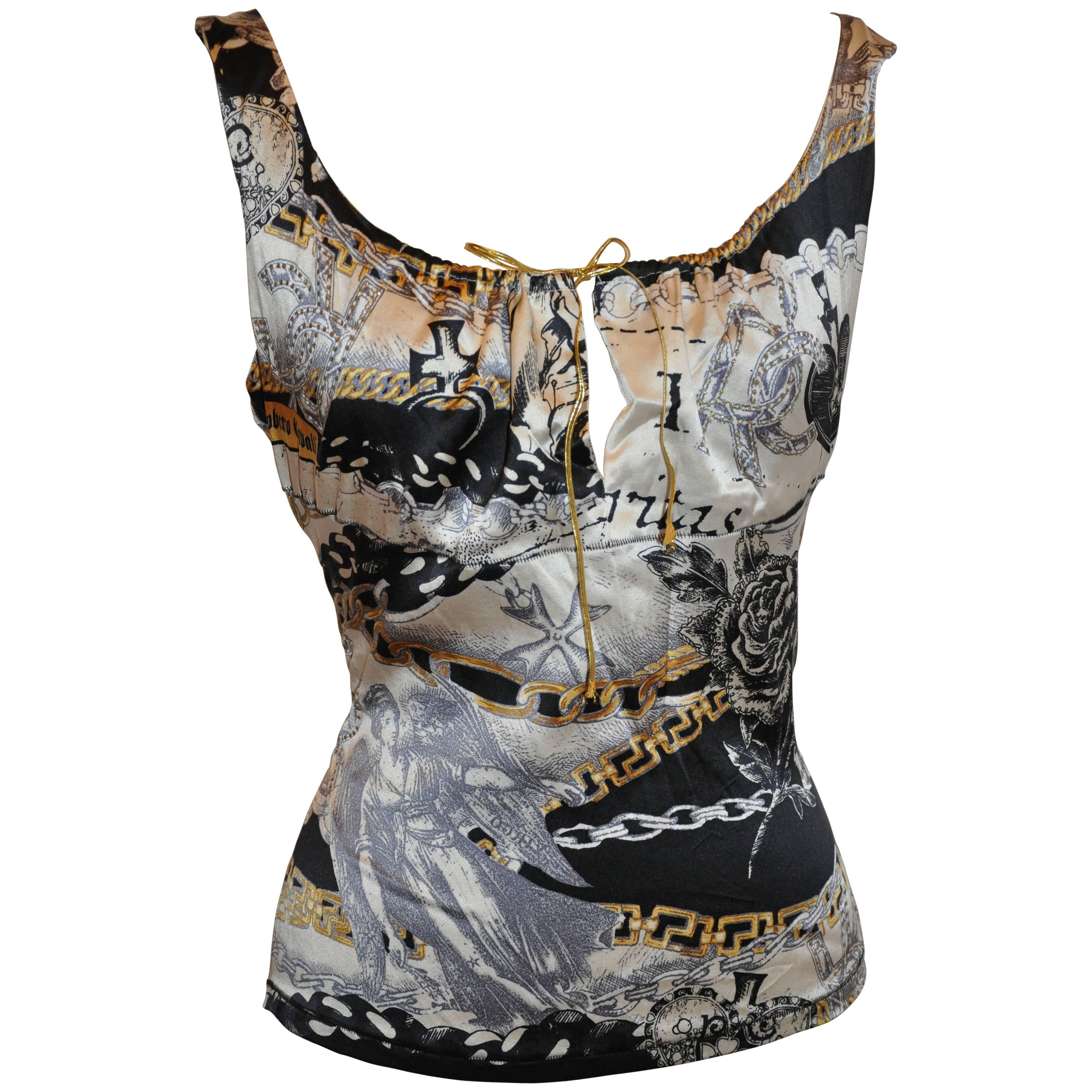 Roberto Cavalli Multi-Print Silk Accented with Drawstring Top For Sale