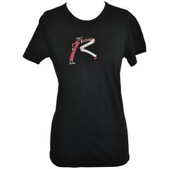 Sonia Rykiel Black Cotton Tee with Detailed Multi-Color Embroidery 