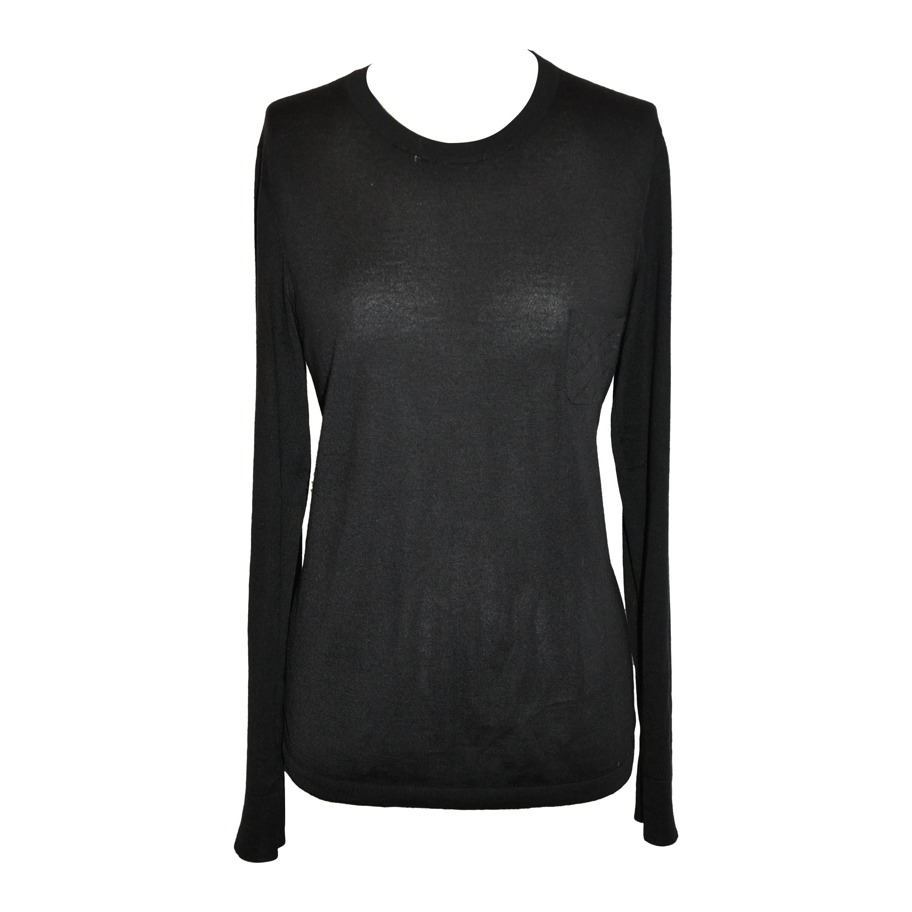 Chanel Black Cashmere Crew-Neck Pullover with Quilted Breast Pocket For Sale