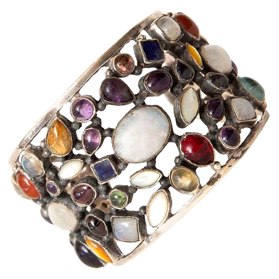 Sterling Silver, Semi Precious Stones of Opal, Garnet, Amethyst Cuff Bracelet