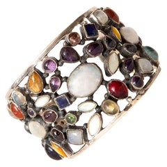 Sterling Silver, Semi Precious Stones of Opal, Garnet, Amethyst Cuff Bracelet
