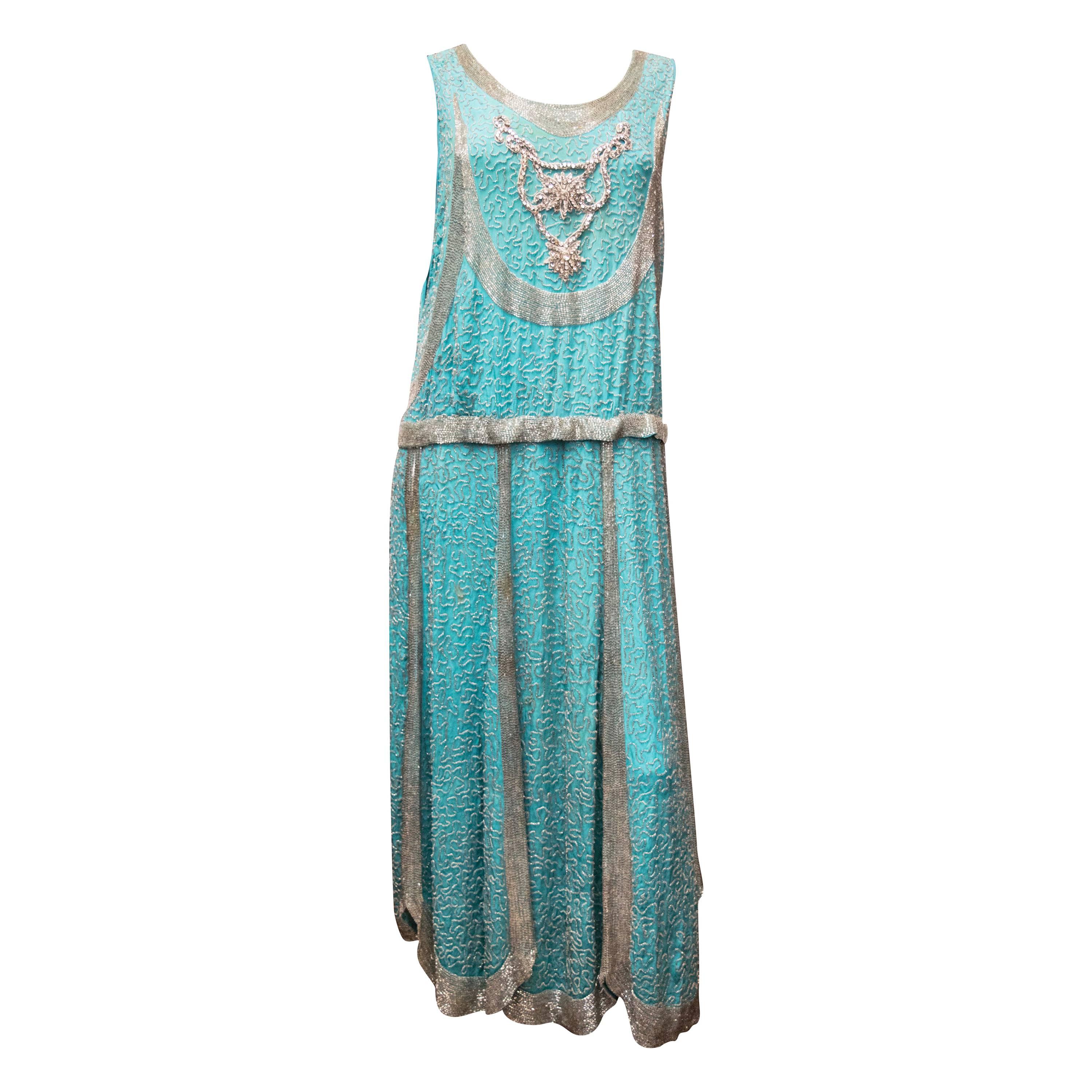1920s Beaded Aqua Flapper Dress