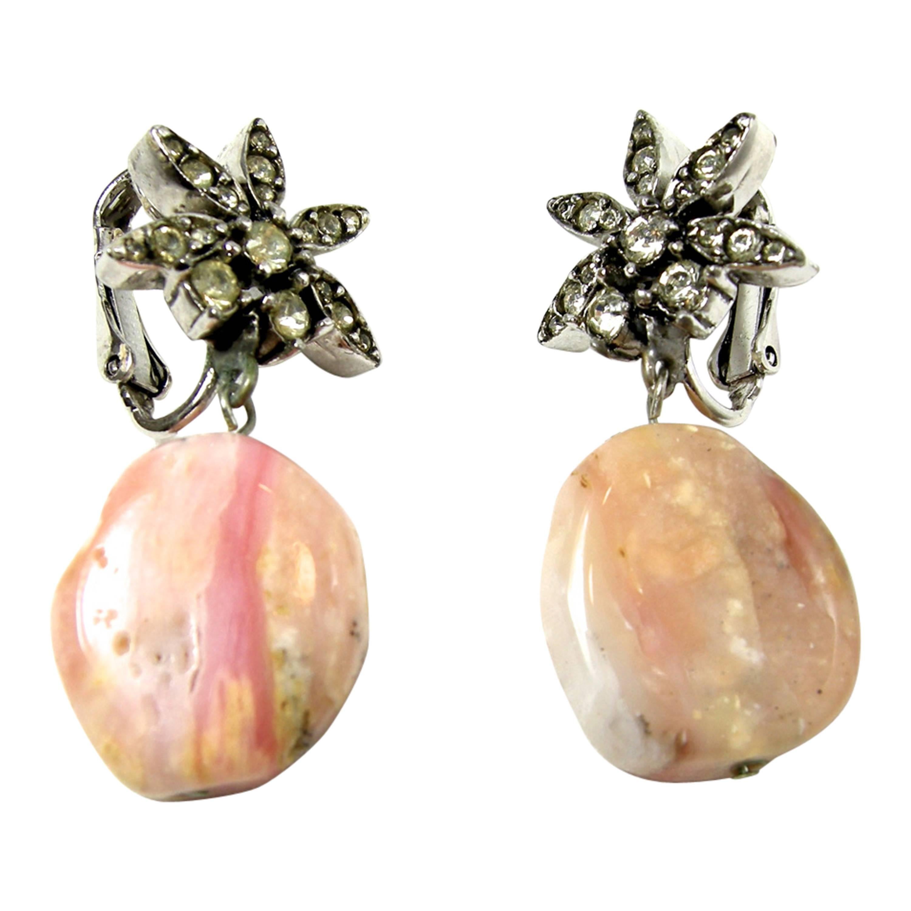 Ciner Rhinestones And Pink Agate Earrings For Sale