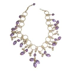 1950s Lavender Glass, Pearls And Golden Rings Necklace 