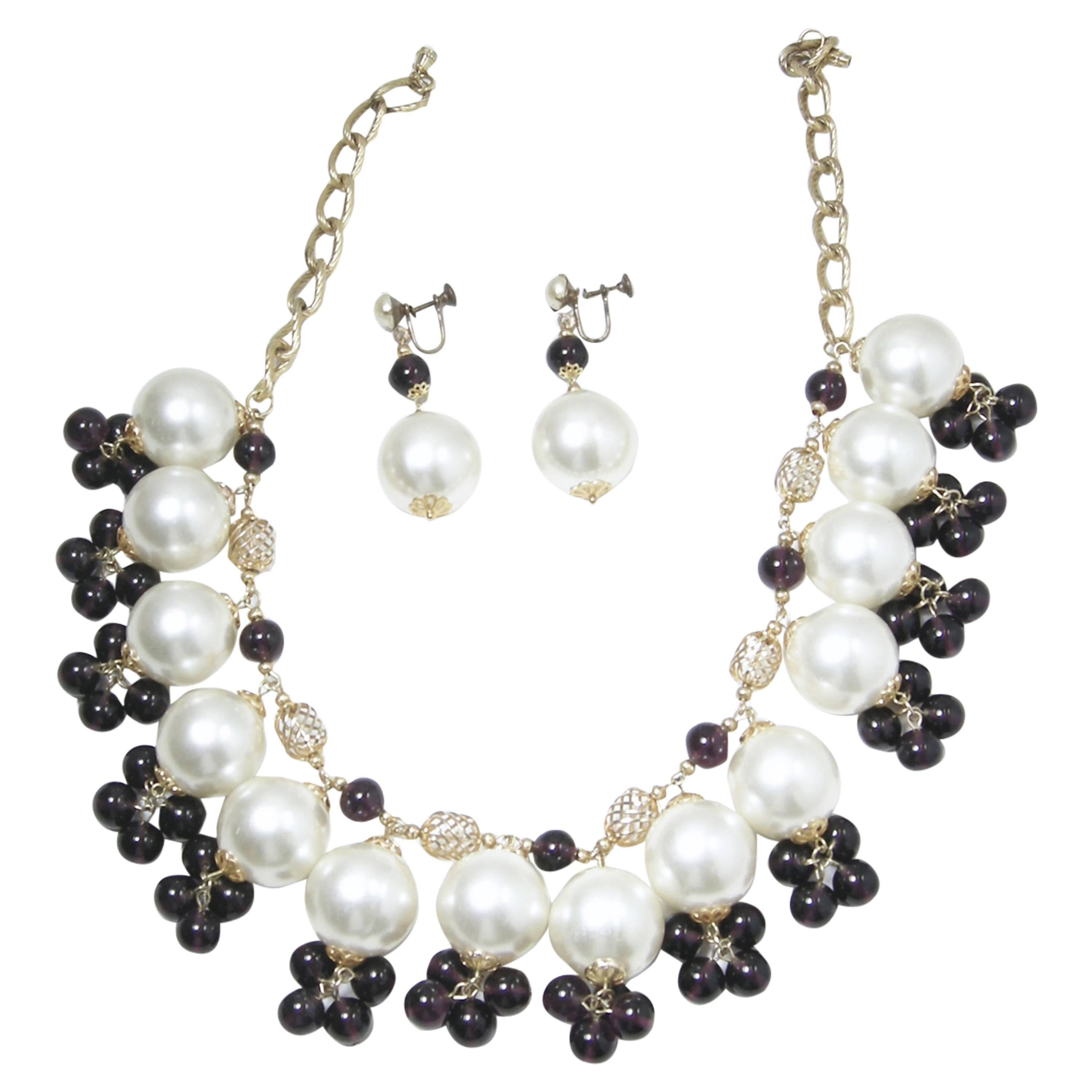 Runway Large Pearl And Grape Colored Beads Bib And Earrings Set