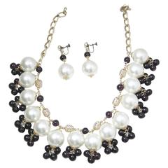 Runway Large Pearl And Grape Colored Beads Bib And Earrings Set 1