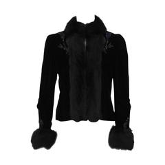 Vintage 1980's Black Velvet Beaded Jacket with Fur Trim 