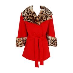 1960's Lilli-Ann Red Knit & Leopard Print Fur Winged-Sleeve Belted Coat Jacket