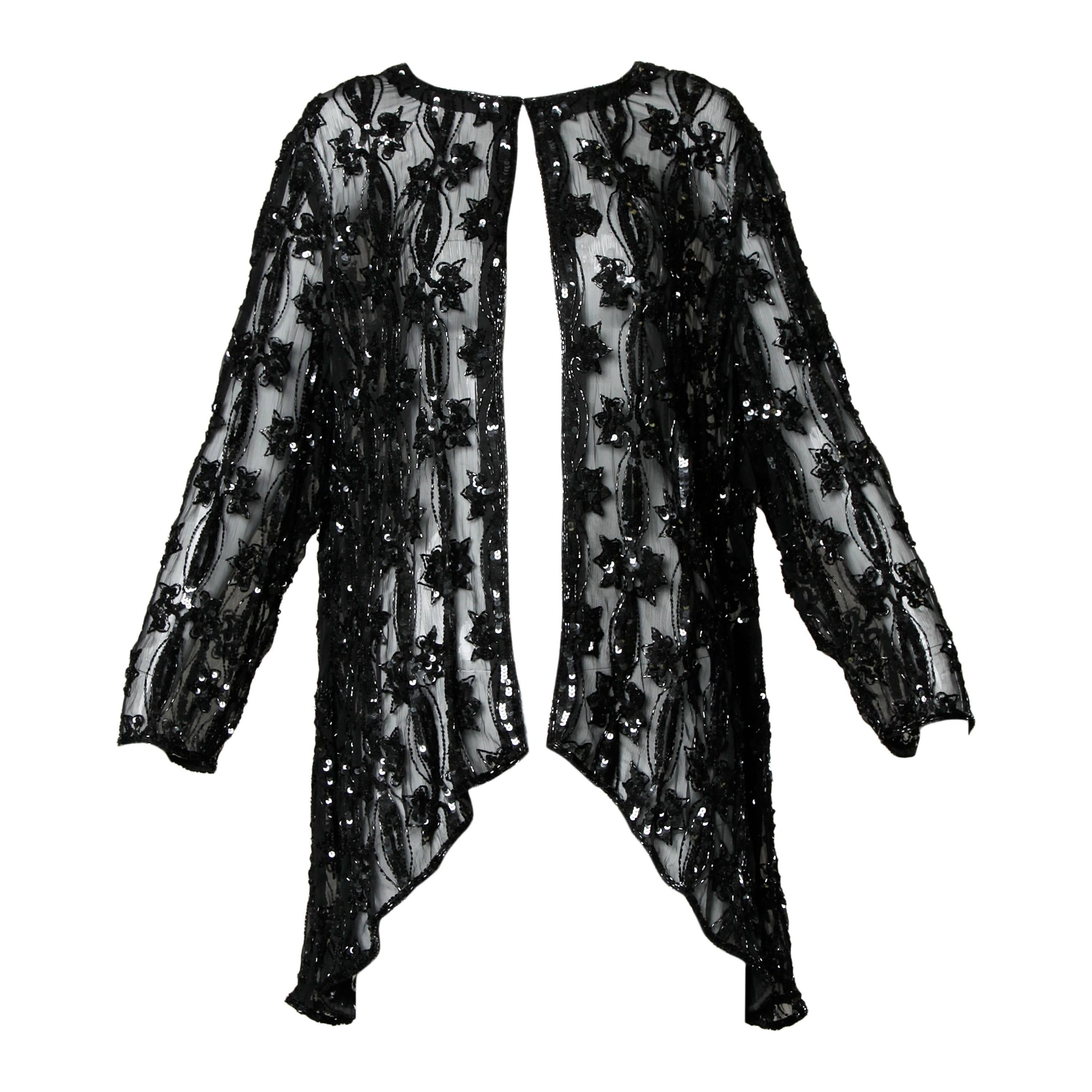 Vintage Black Sheer Beaded + Sequin Silk Duster Jacket or Coat
