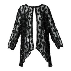 Veste ou manteau cache-poussière vintage en soie noire transparente perlée et paillettes