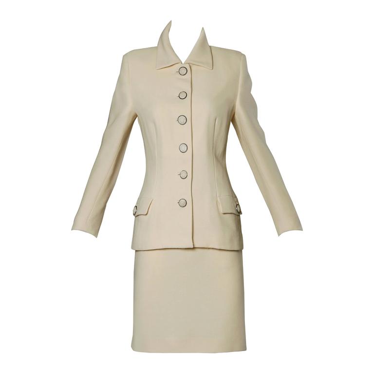 Gianni Versace Couture Vintage 90s Wool Jacket + Skirt Suit with Medusa  Buttons For Sale at 1stDibs | 90s skirt suit set, 90s suit, versace skirt  suit