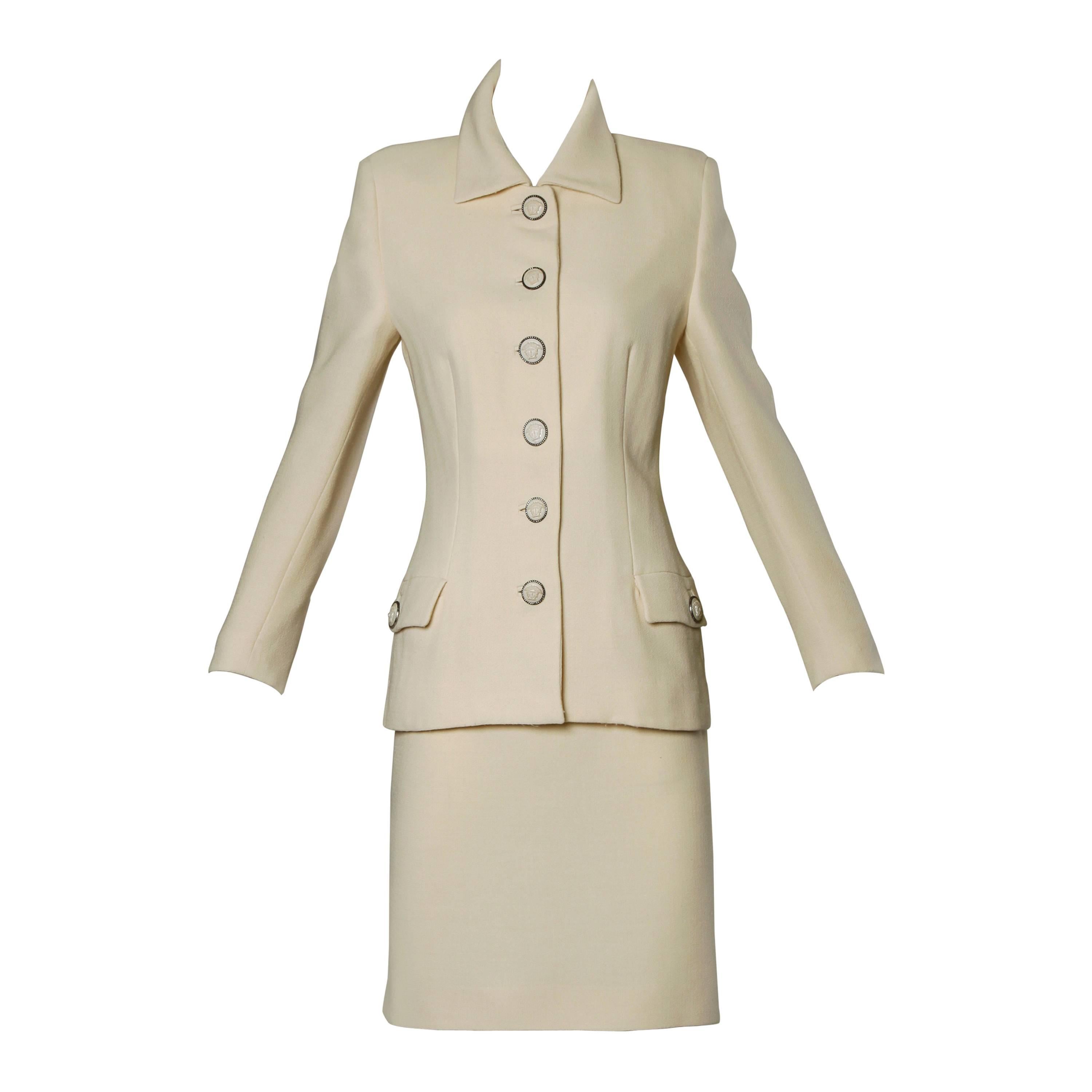 Gianni Versace Couture Vintage 90s Wool Jacket + Skirt Suit with Medusa Buttons For Sale