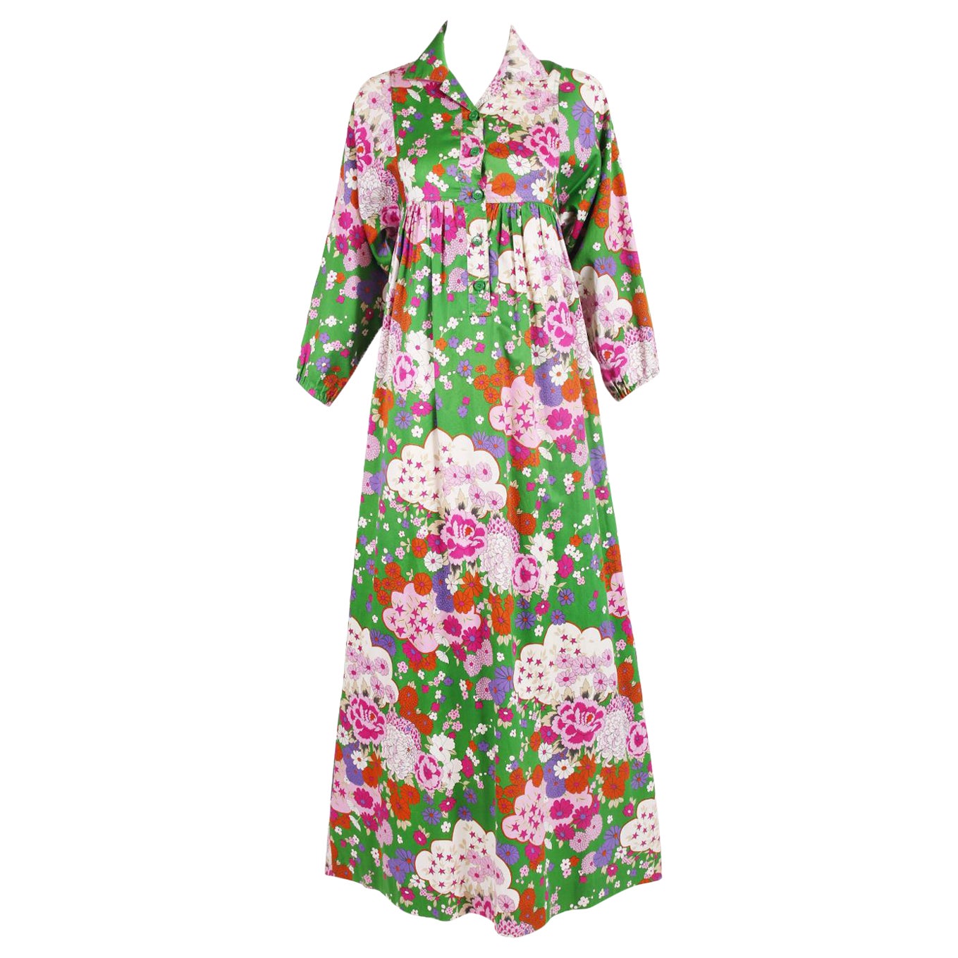 1970's Yves Saint Laurent Cotton Maxi Dress w/Multicolored Floral & Star Print For Sale