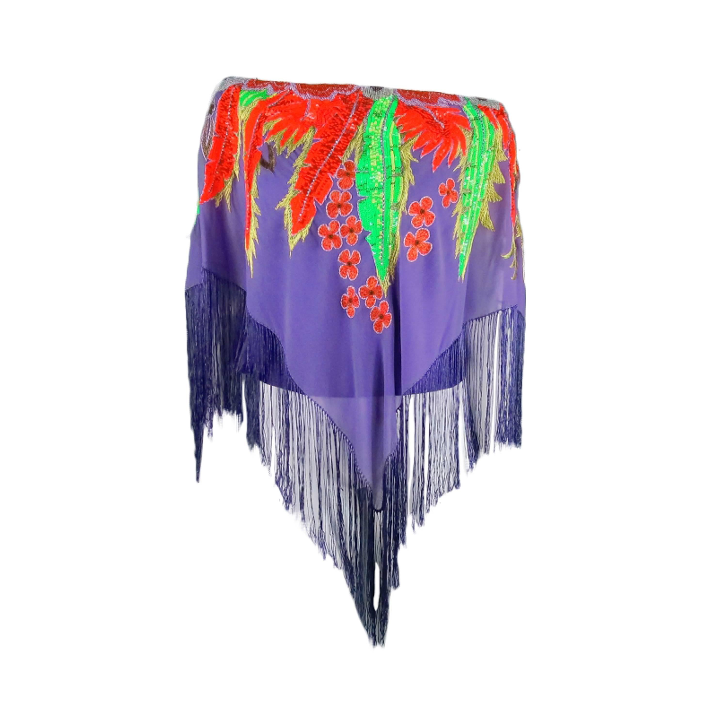 ETRO Size L Purple Orange 
Green Sequin Tropical Fringe Silk Poncho
