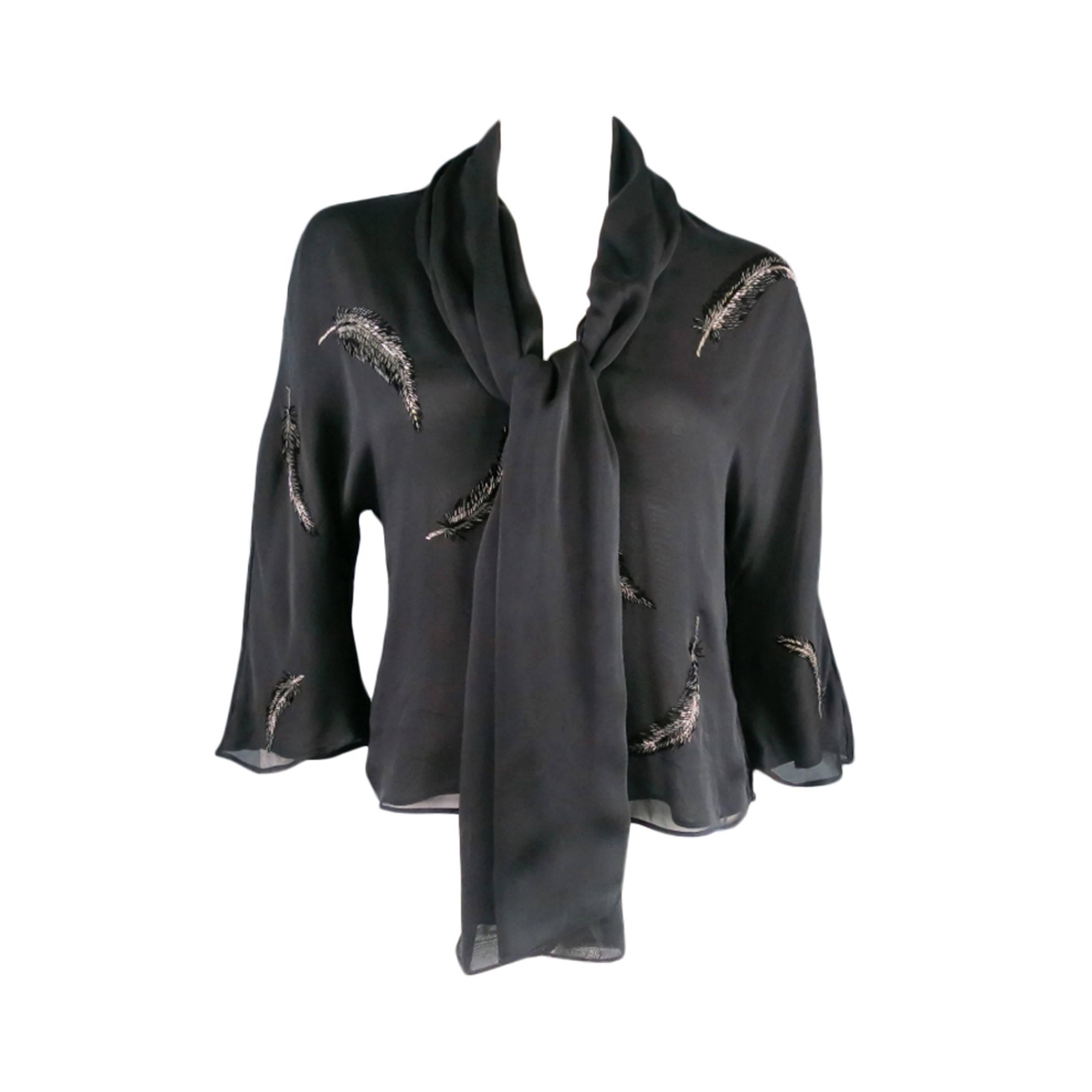 VALENTINO Size 6 Black Silk Chiffon Beaded Tied Sash Dress Top