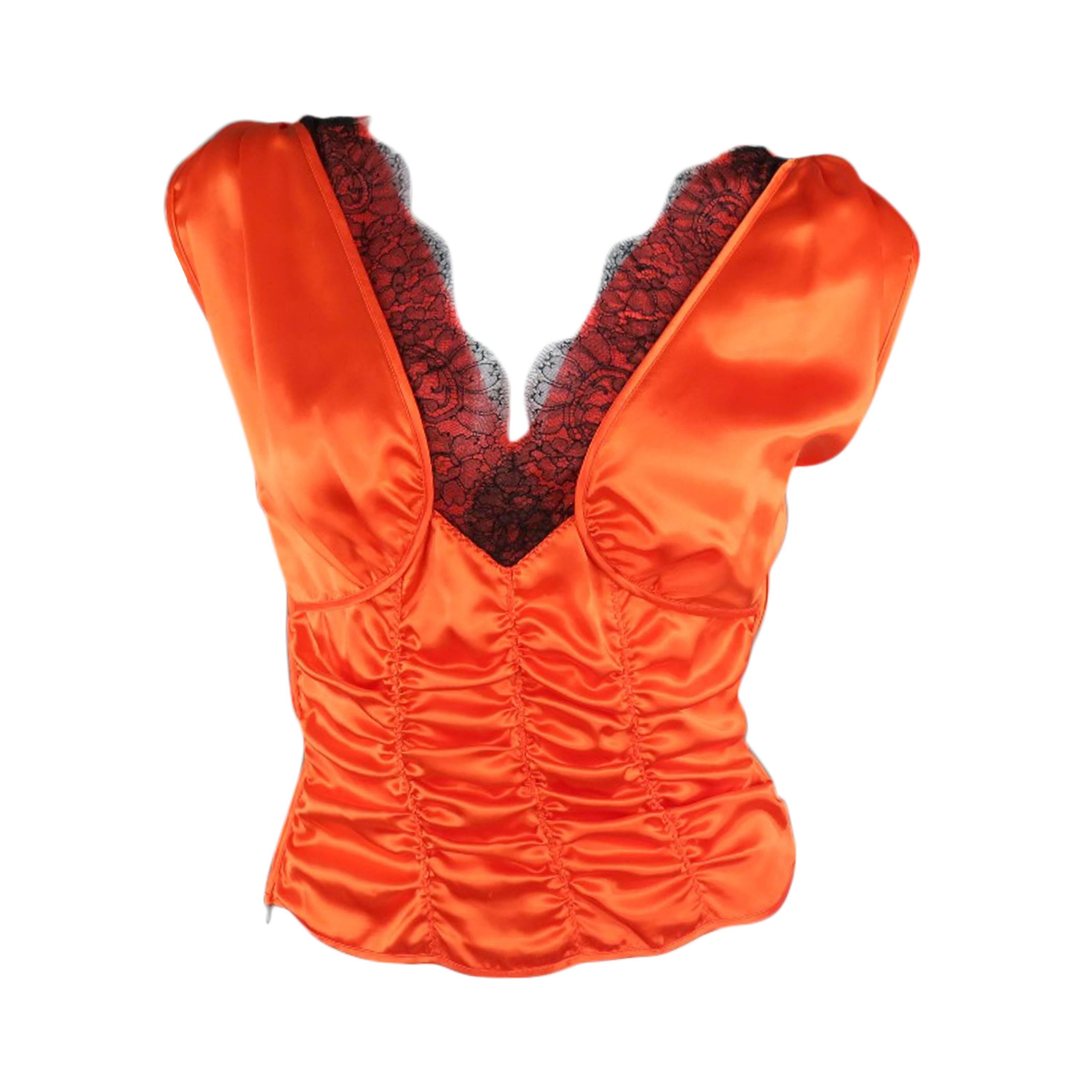 PRADA Size 4 Orange Ruched Silk Black Lace V Neck Dress Top