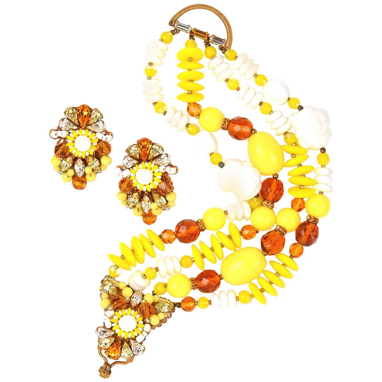 1950s Eugene Schultz Yellow Glass Beads and Rhinestone Demi Parur For Sale