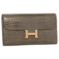 Hermès Constance Long Wallet Gris Tourterelle Shiny Alligator Gold Hardware