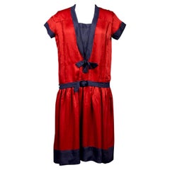 Antique A French Patriotic Navy Dress In Satin And Silk Crepe- Circa 1920