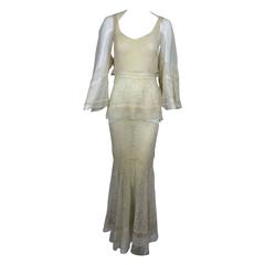 1930s champagne lace & silk bias cut tiered wedding dress & shrug 