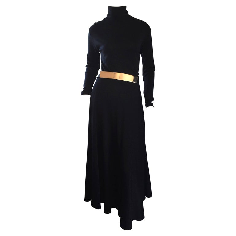 Vintage Ralph Lauren Early 90s Black Wool Turtleneck Dress + Gold Disc Belt  at 1stDibs | black turtleneck gown