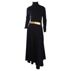 Vintage Ralph Lauren Early 90s Black Wool Turtleneck Dress + Gold Disc Belt 8