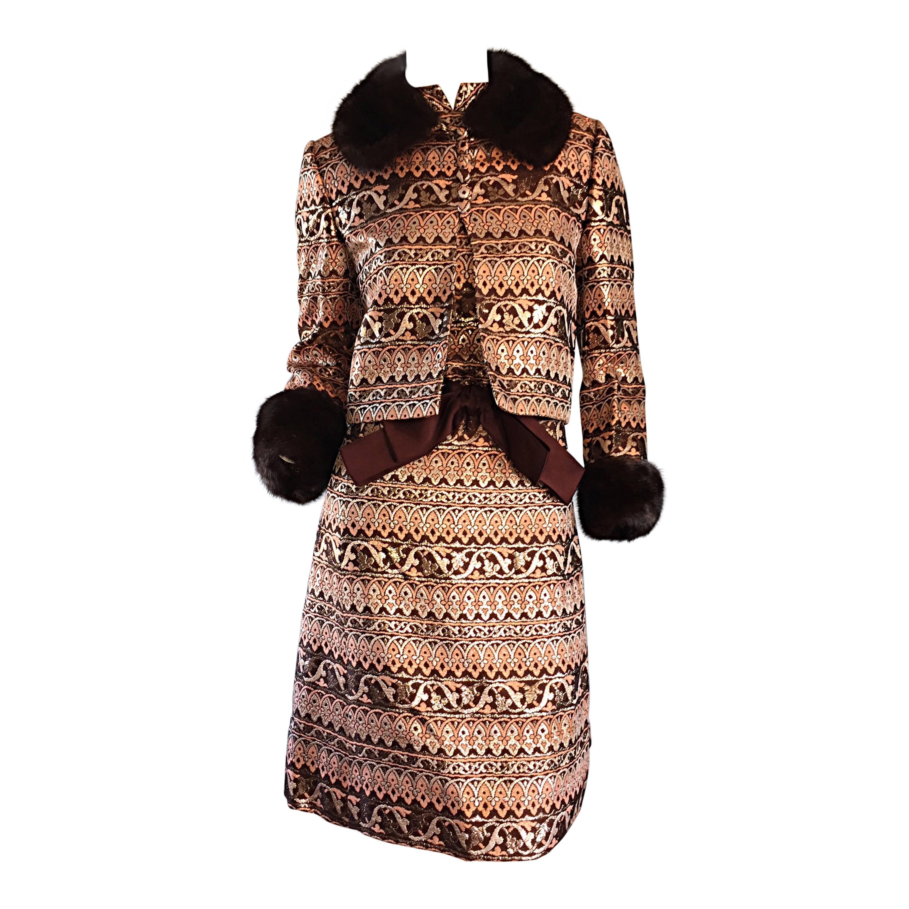 Amazing Early Adele Simpson 1960s 60s Metallic Brocade Dress & Mink Fur Jacket