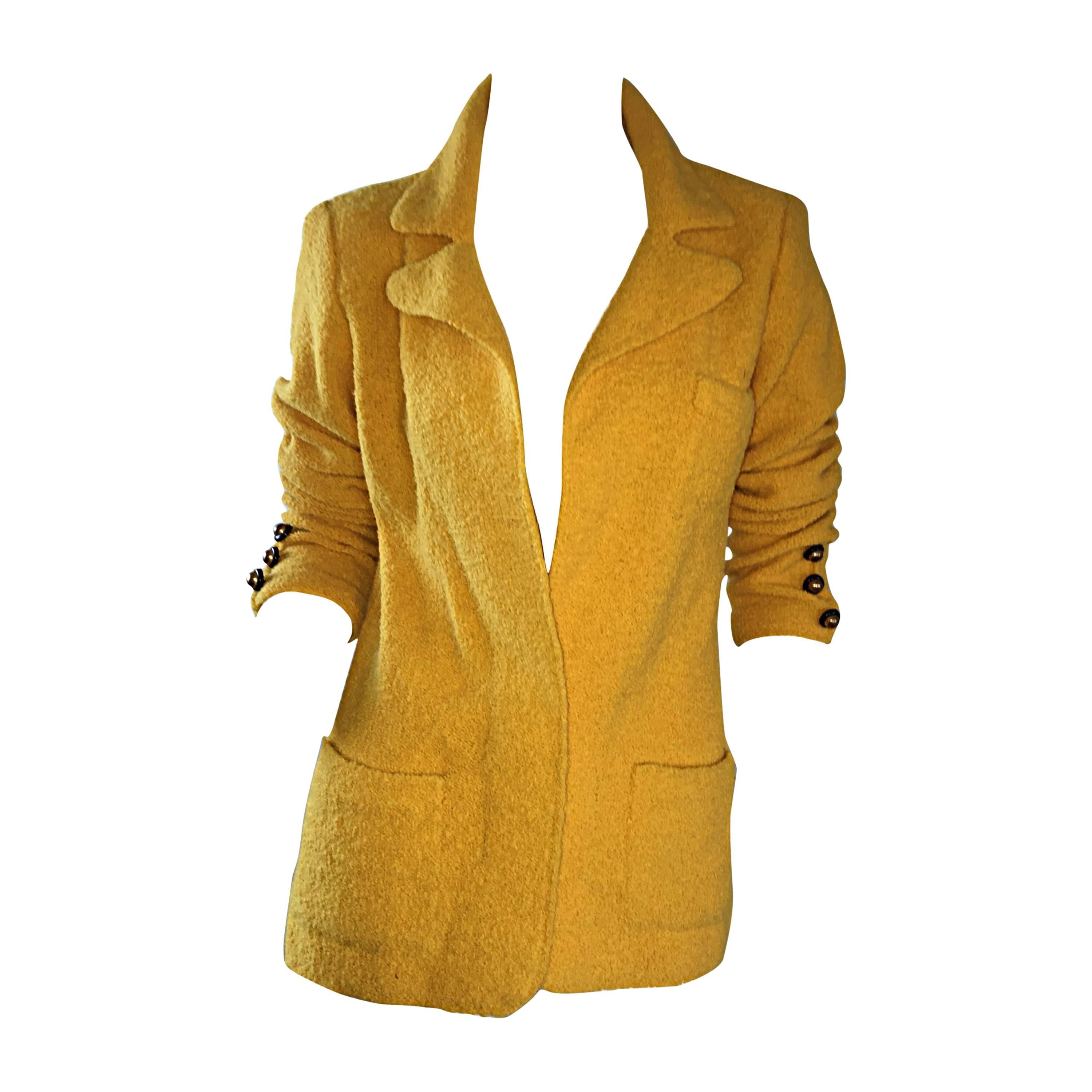 Vintage Adolfo 1970s Mustard Yellow Knit Blazer 70s Fitted Sweater Jacket 