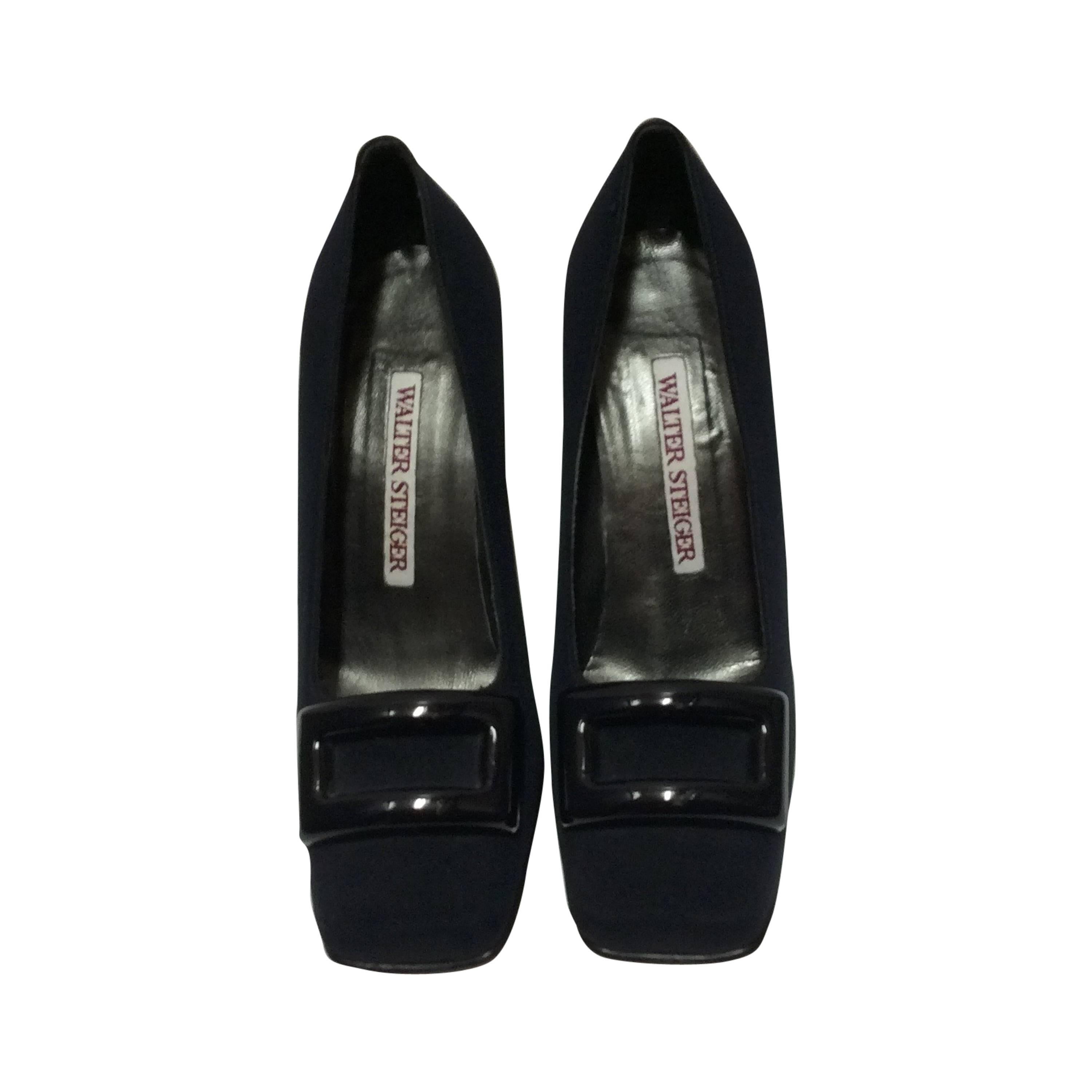Walter Steiger Vintage 1980's Black Satin Shoes - Size 5 For Sale